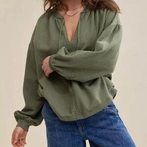 Aerie Easy Street Olive Green oversized V-neck sweatshirt w/ braided drawstrings